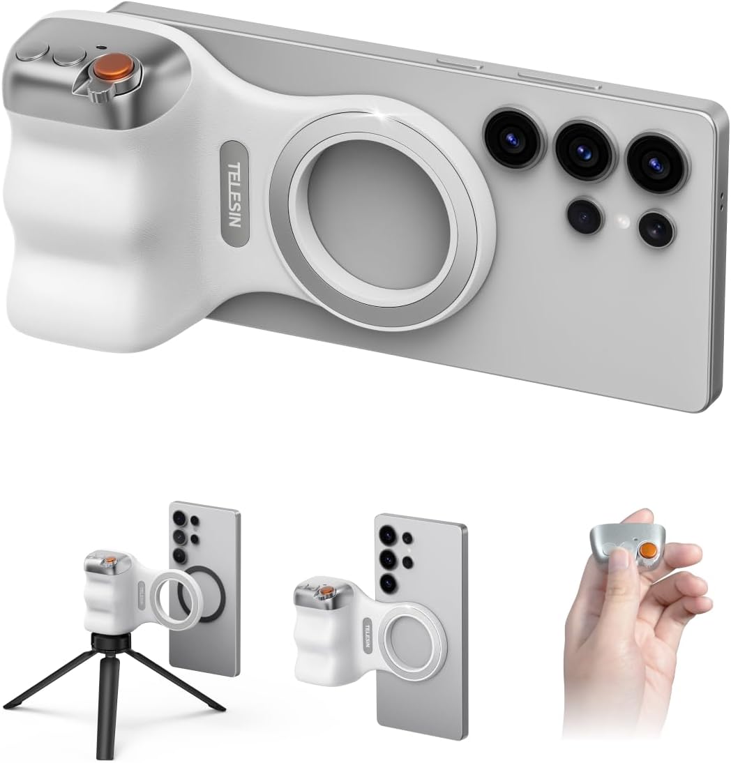 Fun Shot Magnetic Phone Camera Grip + C03 Magnetic Selfie Light (Silver) Bundle Kit Compatible with Iphone Magsafe & Android, Creator Kit for Selfies/Photography/Tiktok/Zoom Calls/Video