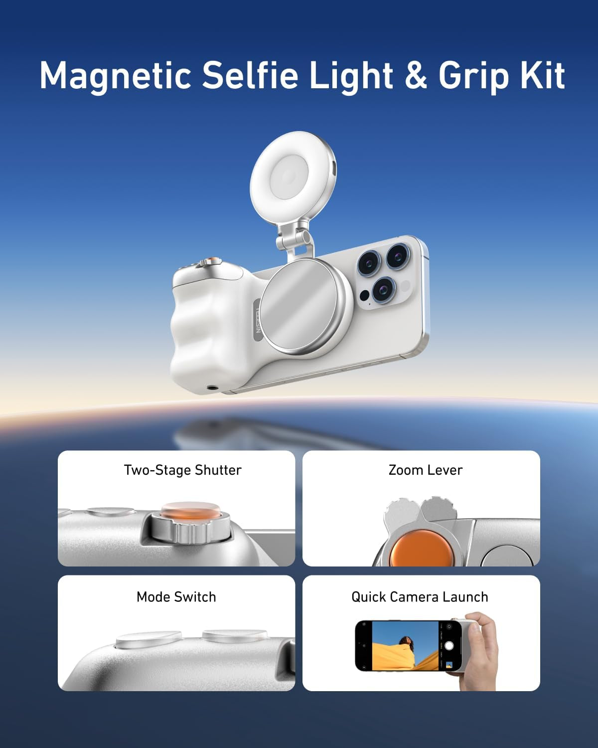 Fun Shot Magnetic Phone Camera Grip + C03 Magnetic Selfie Light (Silver) Bundle Kit Compatible with Iphone Magsafe & Android, Creator Kit for Selfies/Photography/Tiktok/Zoom Calls/Video